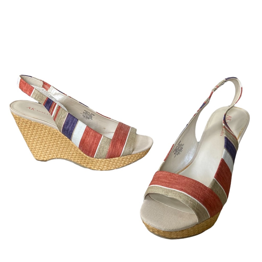 Anne Klein Fortuna Striped Open Toe Slingback Platform Chunky Wedge Sandal 10.5